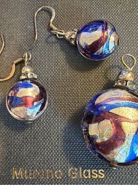 Murano Blue, Gold and Purple Swirl Glass Earrings & Pendant